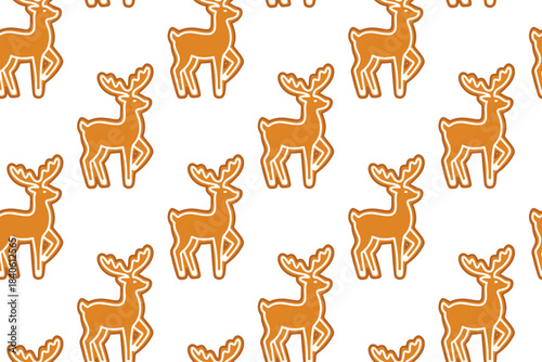 Festive background with repeating baked deer animals. Endless texture of glazed gingerbread reindeer for holiday nature theme design.