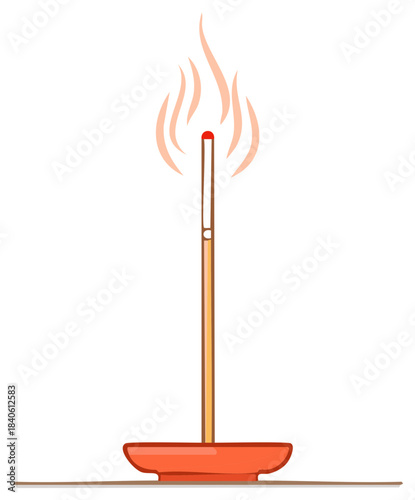 Burning matchstick illustration, fire flame, stick in plate, minimalist graphic, wood matchstick, light, orange flame