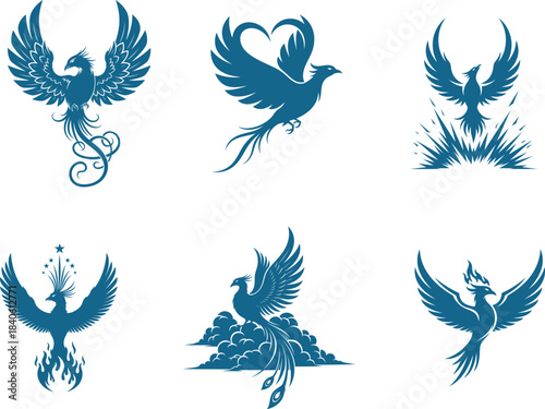 A majestic collection of mythical phoenix bird illustrations soaring with powerful wings symbolizing rebirth strength and elegance perfect for spiritual tattoo or brand design elements