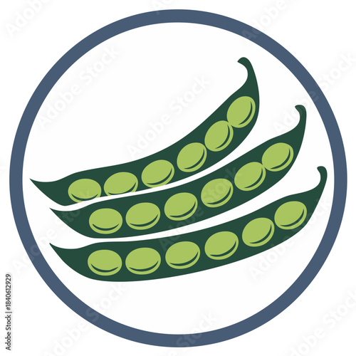 Stylized Illustration of Three Pea Pods with Peas Inside A Circular Frame