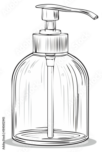 Empty clear pump bottle illustration for liquid soap or sanitizer hygiene product design outline