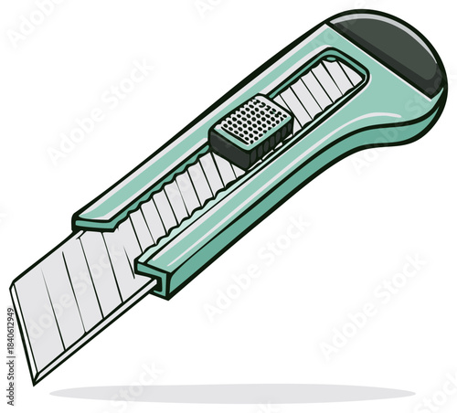 Teal utility knife with a sharp blade and segmented slide lock