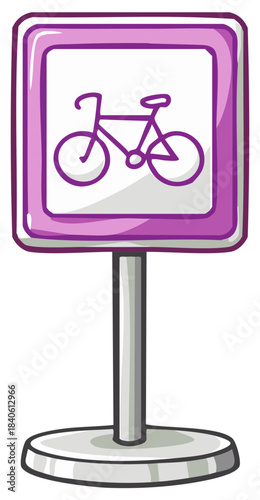 Purple bicycle parking signpost with a stylized bike illustration