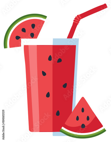 Summery watermelon juice in a glass with a straw and decorative fruit wedges, refreshing beverage.