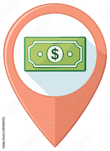 Flat design icon of a map marker with a dollar banknote symbolizing a financial location like a bank or ATM.