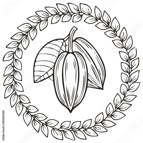 Cacao pod and leaves illustration within an elegant botanical leaf wreath frame