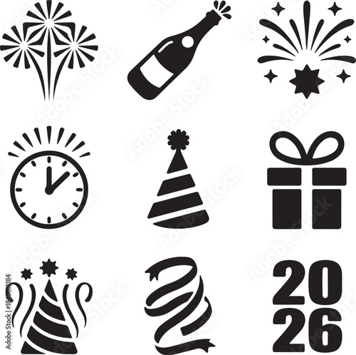2026 New Year Silhouette Vector Bundle | Bold Minimal Festive Icons | Clean Black Shape Pack (12 Items