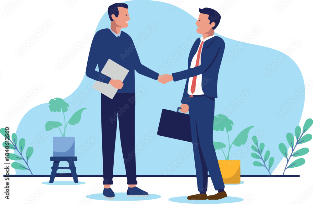 Obraz premium Business handshake illustration - Two businessmen shaking hands over deal and agreement, smiling and being professional. Flat design side view vector graphic on white background.