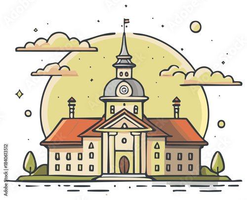 Elegant cartoon style illustration of a stately historical building with a prominent clock tower and classic architecture