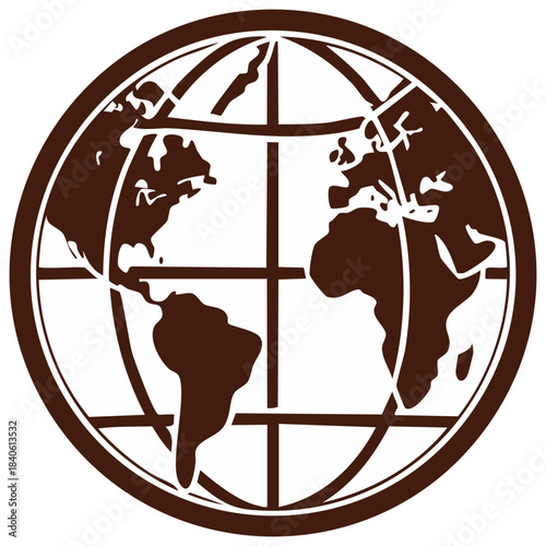 Simple Global Icon with Grid Lines, Worldwide Focus, Earth Globe Symbol in Brown, Minimalist Style, Global Connection