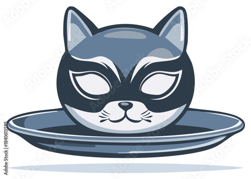Stylized Cat Mask Head on a Flat Dish in Monochromatic Tones