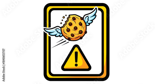 Flying Cookie Warning Sign: Delicious Snack Alert With Winged Treats And Caution Symbol