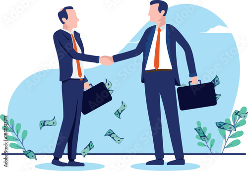 Business handshake illustration with two businessmen shaking hands over profitable deal and agreement. Flat design vector with white background.