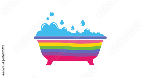 Colorful Bathtub with Bubbles: A vibrant and inviting image featuring a whimsical bathtub overflowing with frothy bubbles and droplets. The colorful design suggests cleanliness and fun.