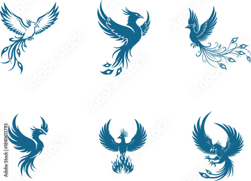Dynamic collection of powerful phoenix bird mythological creature illustrations depicting ancien