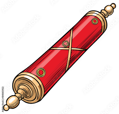 Ornate rolled ancient scroll with a red case and golden decorations