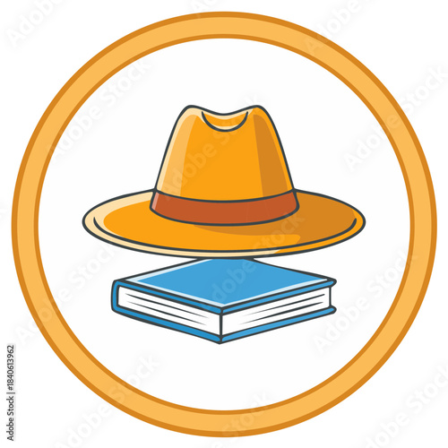 Detective hat and book illustration within a circle. Cartoon style, design elements.