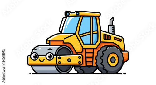 Friendly Road Roller Smiling Cartoon Character Construction Vehicle Illustration