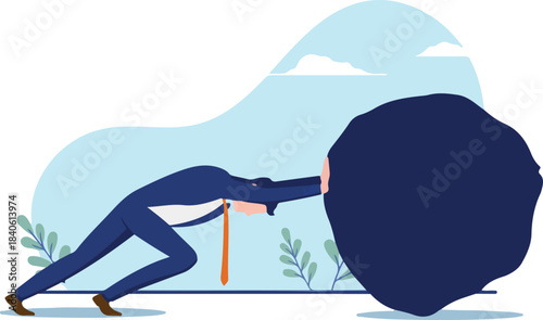 Business hard work - Businessman pushing large rock, metaphor for effort and determination