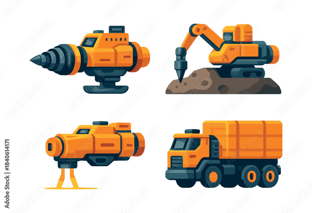 Fototapeta premium Construction vehicles and machinery set, flat vector illustration, heavy equipment