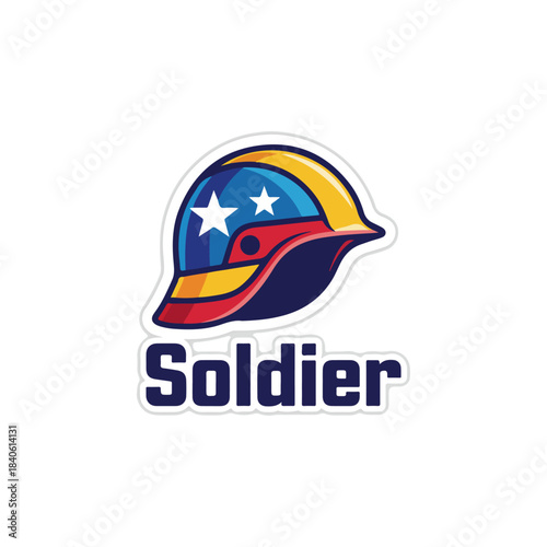 Vibrant soldier helmet logo, featuring a patriotic flag design with stars and bold colors, military emblem