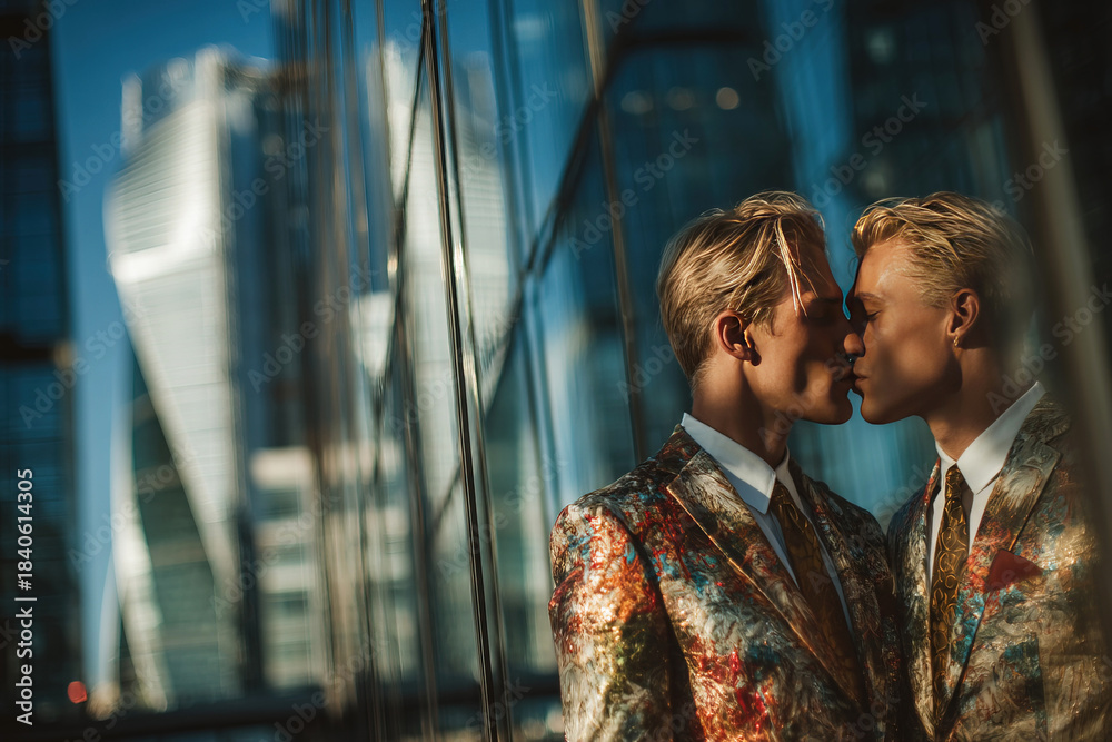 Fototapeta premium Modern urban couple kisses in stylish attire at city business center amidst mirrored high rises