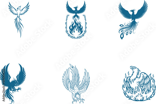 Six majestic stylized phoenix bird illustrations rising from flames or soaring gracefully depicting