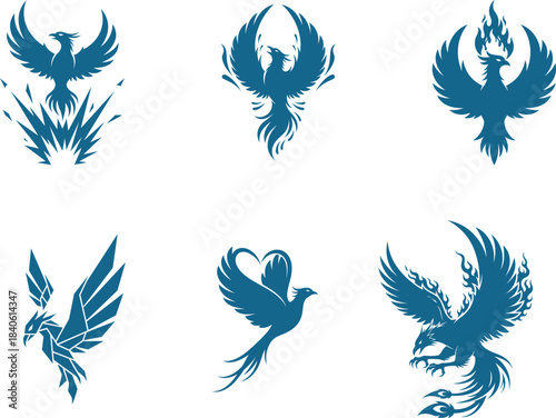 Powerful blue phoenix bird mythical creatures depicted in a diverse collection of vector logo