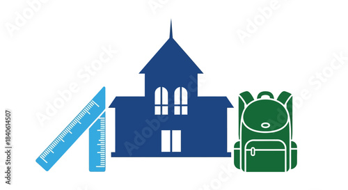 Educational Foundation: Illustration of the school with backpack and ruler, representing core components of education.