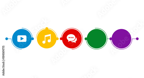 Navigating Digital Harmony: A visually striking, flat-lay arrangement showcasing five colorful circular icons connected by a horizontal line, each representing an aspect of the digital world.