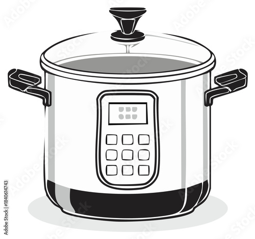 Illustration of a modern slow cooker, kitchenware, cooking appliance with glass lid and electronic control panel, household object