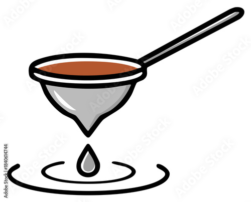 Straining liquid with sieve vector illustration; dripping down a drop creating ripples