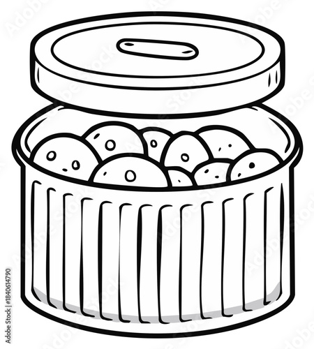 Black and white cartoon illustration of a lidded container filled with small round objects
