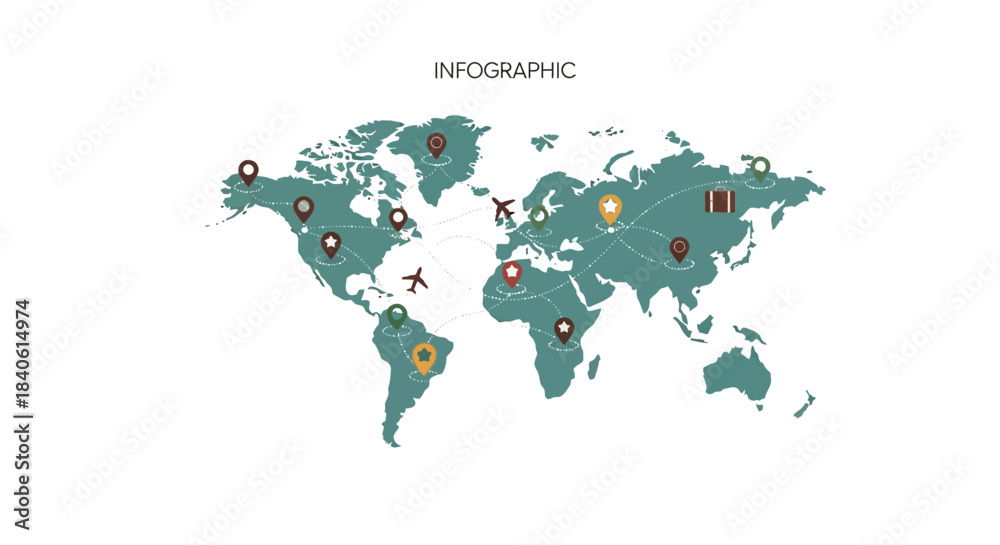 Naklejka premium World Map Infographic: A simplified world map, adorned with pin markers, offers a visual representation of global connectivity, ideal for business, travel, or data visualization.