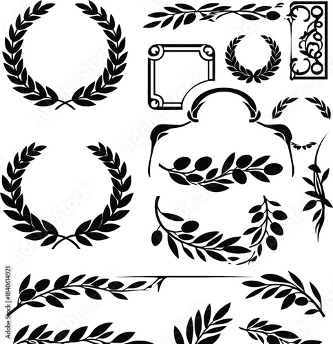 Laurel and Flourish Silhouette Vector Featuring Decorative Wreaths, Borders, and Scroll Elements in Classical Style