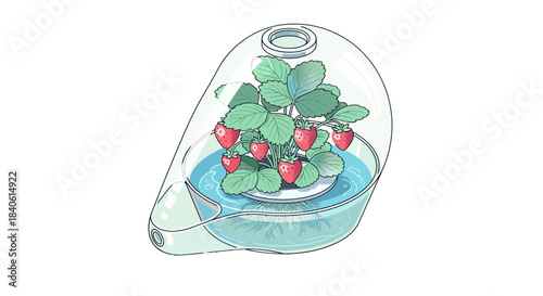 Illustration of a strawberry plant growing in a hydroponic system with ripe red fruit
