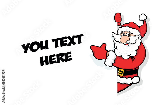 Santa Claus points around the corner with his index finger. Vector template on transparent background