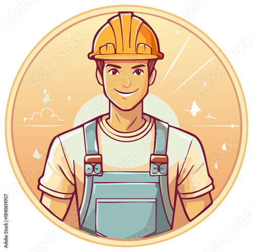 Smiling Construction Worker Cartoon Portrait Wearing a Hardhat and Overalls Standing Inside an Ornamental Circular Frame Emitting Light Rays