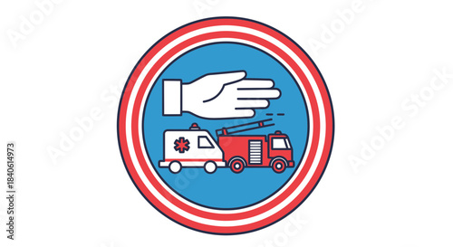 Emergency Response Team Illustrated: Ambulance and Fire Truck Within a Circular Emblem