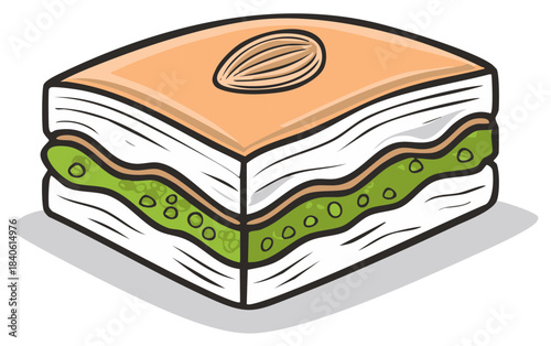 Square slice of baklava dessert with almond nut and pistachio filling illustration