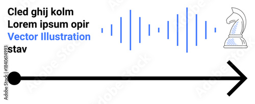 Business strategy, data analytics, decision making, AI innovation, information flow, navigation. Black arrow with chess knight and sound waves. Business strategy and data analytics concept