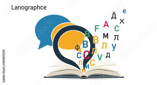 Language Unveiled: An open book, overflowing with vibrant letters and speech bubbles, symbolizes the boundless realm of language and communication.