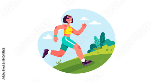 Energetic Woman Jogging on Green Hillside Enjoying Healthy Lifestyle and Outdoors