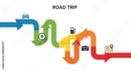 Road Trip Infographic:  An illustrative depiction of a road trip, with colorful winding roads, arrows, and symbolic icons representing various aspects of the journey.