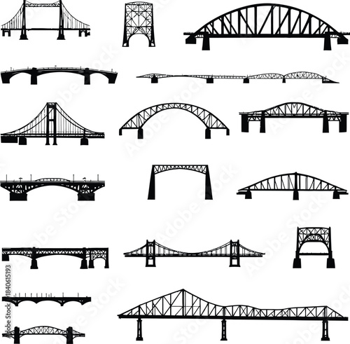 Bridge Silhouette Vector Featuring Eighteen Architectural Styles Including Suspension, Arch, Truss, and Beam Designs