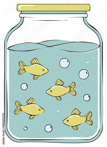 Simple cartoon illustration of four yellow fish swimming in a glass jar