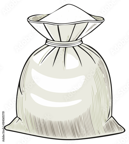 Hand drawn textile bag overflowing with white powder like flour or sugar