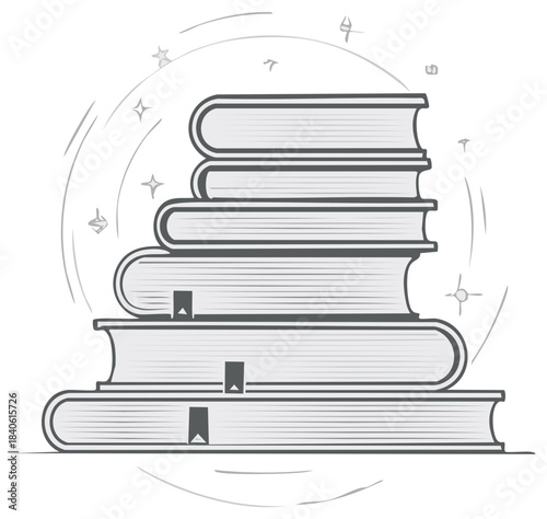 Stack of books illustration with bookmarks and hand drawn style elements conveys knowledge learning or education