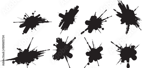 Brush set. Vector black paint brush spots, highlighter lines or felt-tip pen marker. Ink smudge abstract shape stains and smear set with texture