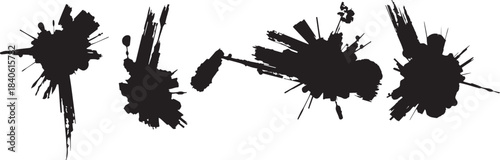 Brush set. Vector black paint brush spots, highlighter lines or felt-tip pen marker. Ink smudge abstract shape stains and smear set with texture